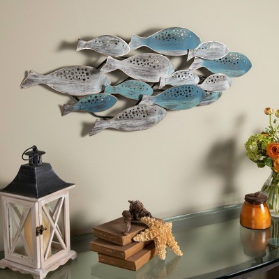 Blue and Silver Metal School of Fish Wall Sculpture