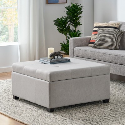 Square Storage Ottoman Upholstered Ottoman Footstools with Tufted Waffle Stitching, Light Gray-Merax