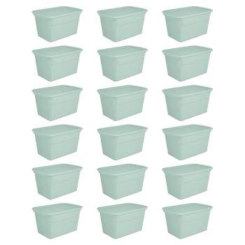 Sterilite 30 Gallon Latch Tote with In Molded Handles, Robust Latches, and Contoured End Panels for Home Storage Bins, Mindful Mint (18 Pack)