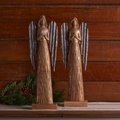 Rustic Mango Wood and Iron Angel Statues, Set of 2