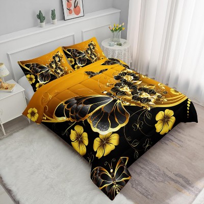 Boersma Black & Gold Butterfly Comforter Set Queen – Elegant Floral Bedding with Vintage Butterflies, Luxury 3-Piece Quilt Set Pillowcases for Adults