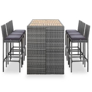 vidaXL 7 Piece Patio Bar Furniture Set with Cushions - Gray Poly Rattan Construction, Solid Acacia Wood Tabletop, Weatherproof Outdoor Set. - 1 of 4
