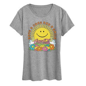 Women's - Coca-Cola - Have A Coke and Smile Retro Groovy Sun and Flowers Short Sleeve Graphic T-Shirt - 1 of 4