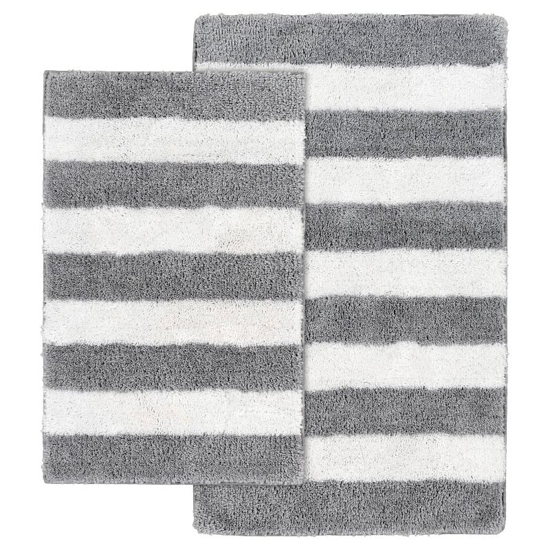 2pc Striped Washable Bathroom Rug Set Platinum Gray/White - Garland Rug, 1 of 8
