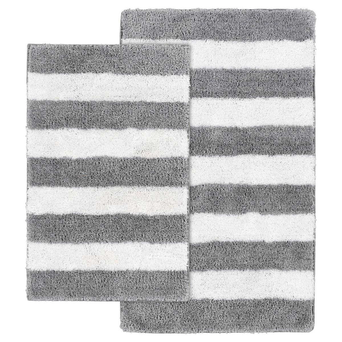 2pc Striped Washable Bathroom Rug Set Platinum Gray/White - Garland Rug: Non-Skid, Nylon & Polyester, Machine Made