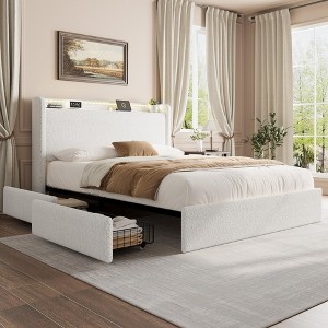 GustoWave Boucle Bed Frame, LED Light Headboard/4 Storage Drawers/Charging Station - 1 of 4
