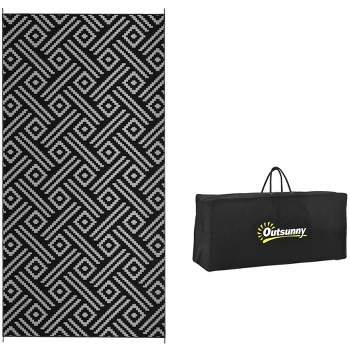 Outsunny RV Mat, Outdoor Patio Rug / Large Camping Carpet with Carrying Bag, 9' x 18', Waterproof Plastic Straw, Reversible, Black & Gray Geometric