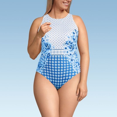 Lands' End Women's Tugless High Neck Portrait Back One Piece Swimsuit