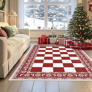 4x6 Christmas Area Rug, Washable Non Slip Holiday Carpet with Xmas Tree Reindeer Snowflake, Low Pile Accent Rug for Home - 1 of 4