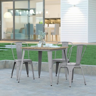 Emma and Oliver 31.5" Square Brown Poly Resin Top Dining Table with Silver Steel Base