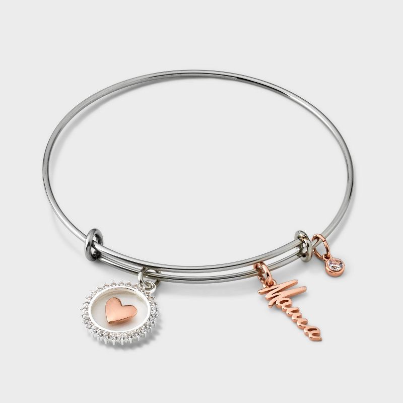 Silver Plated Two-Tone &#34;Mama&#34; Heart and Cubic Zirconia Bezel Bangle Bracelet - Rose Gold/Silver, 2 of 4