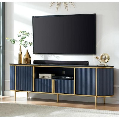 70" TV Stand with Faux Marble Top, Luxury Media Console Table with Adjustable Shelves, Curved Profile Sliding Doors