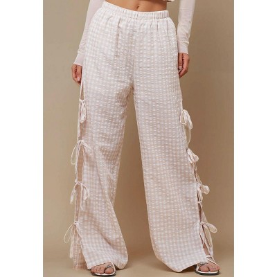 Women Everyday Checked Elastic Waist Side Strape Bowtie Casual Loungewear Pants IRIS FASHION