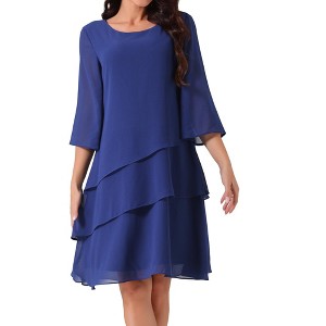 INSPIRE CHIC Women's Round Neck Semi Sheer 3/4 Bell Sleeve Asymmetrical Layered Tiered Midi Dress - 1 of 4