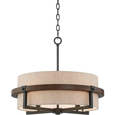 Possini Euro Design Bronze Wood Pendant Chandelier 22" Wide Rustic Farmhouse Tan Fabric Drum 4-Light Fixture for Dining Room House