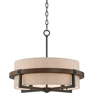 Possini Euro Design Castille Bronze Faux Wood Pendant Chandelier 22" Wide Farmhouse Rustic Tan Shade 4-Light Fixture for House - 1 of 4