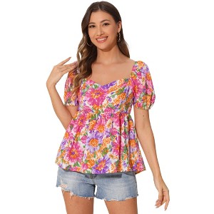 INSPIRE CHIC Women's Floral Peplum Waist Sweetheart Neck Puff Short Sleeve Smocked Casual Blouse - 1 of 4