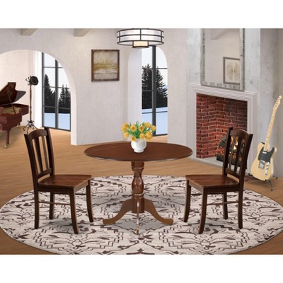 East West Furniture -  3-Pc Dinette Set- 2 Mid Century Chair with Wooden Seat and Slatted Chair Back - Dropleafs dining table - Mahogany Finish