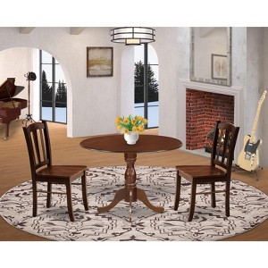 East West Furniture -  3-Pc Dinette Set- 2 Mid Century Chair with Wooden Seat and Slatted Chair Back - Dropleafs dining table - Mahogany Finish - 1 of 4