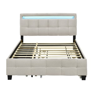 HomeRoots Beige Tufted Upholstered Lighted Queen Bed Frame With Trundle And USB And Drawers - 1 of 4