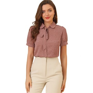 INSPIRE CHIC Women's Retro Dots Print Bow Tie Peter Pan Collar Chiffon Blouse - 1 of 4