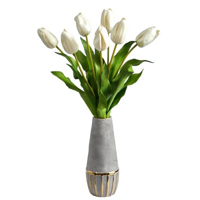 Nearly Natural 22-in Dutch Tulip Artificial Arrangement in Stoneware Vase with Gold Trimming