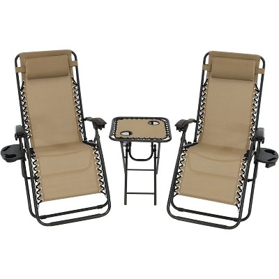 Sunnydaze Outdoor Fade-Resistant Zero Gravity Chairs with Patio Table, Cup Holders, and Pillows - Khaki - 2-Pack