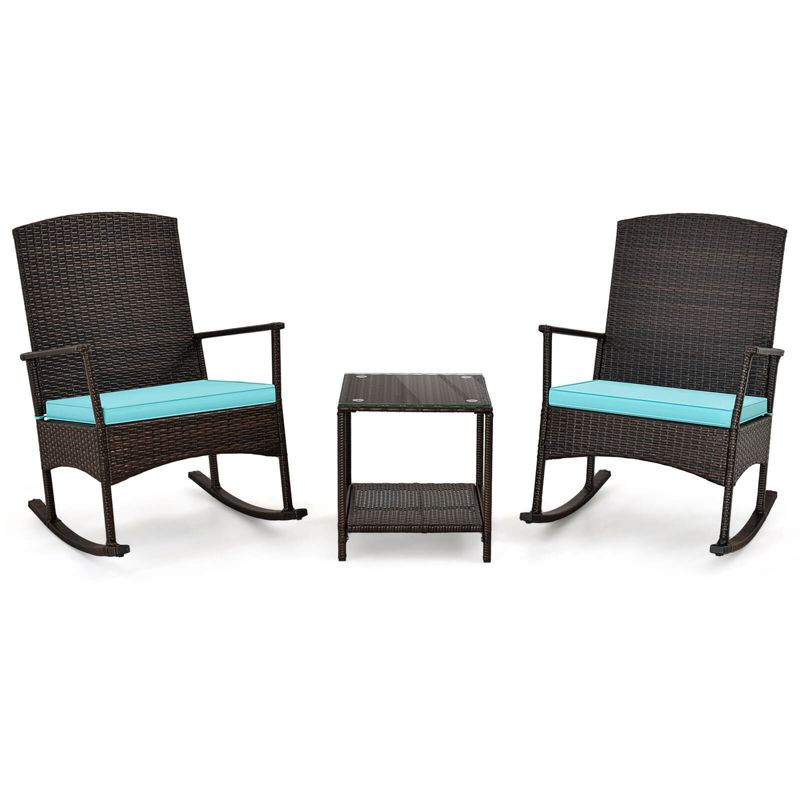 Costway 3 Piece Patio Rocking Set Wicker Rocking Chairs with 2-Tier Coffee Table Turquoise/Off White, 5 of 11