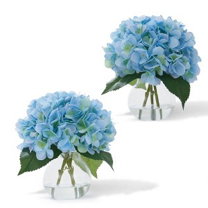 Set of 2 Hydrangea Artificial Flowers in Glass Vase, Fake Silk Flowers with Faux Water, Faux Hydrangeas for Home Office, Bathroom, Table Centerpiece - 1 of 4
