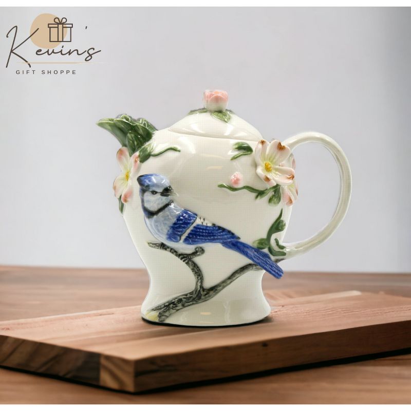 Kevins Gift Shoppe Hand Painted Ceramic Blue Jay Bird Teapot, 3 of 4