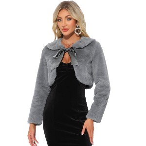 INSPIRE CHIC Women's Evening Bow Tie Front Turndown Collar Faux Fur Fluffy Cropped Coat - 1 of 4