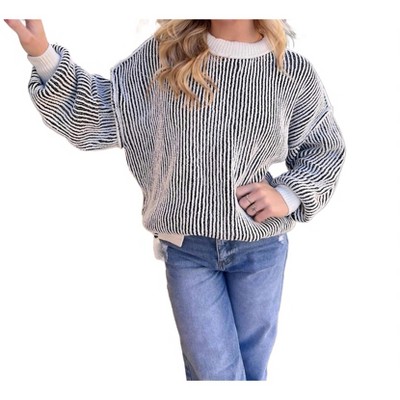 Women's Serena Stripe Textured Knit Contrast Edge Oversized Sweater - fashionworks