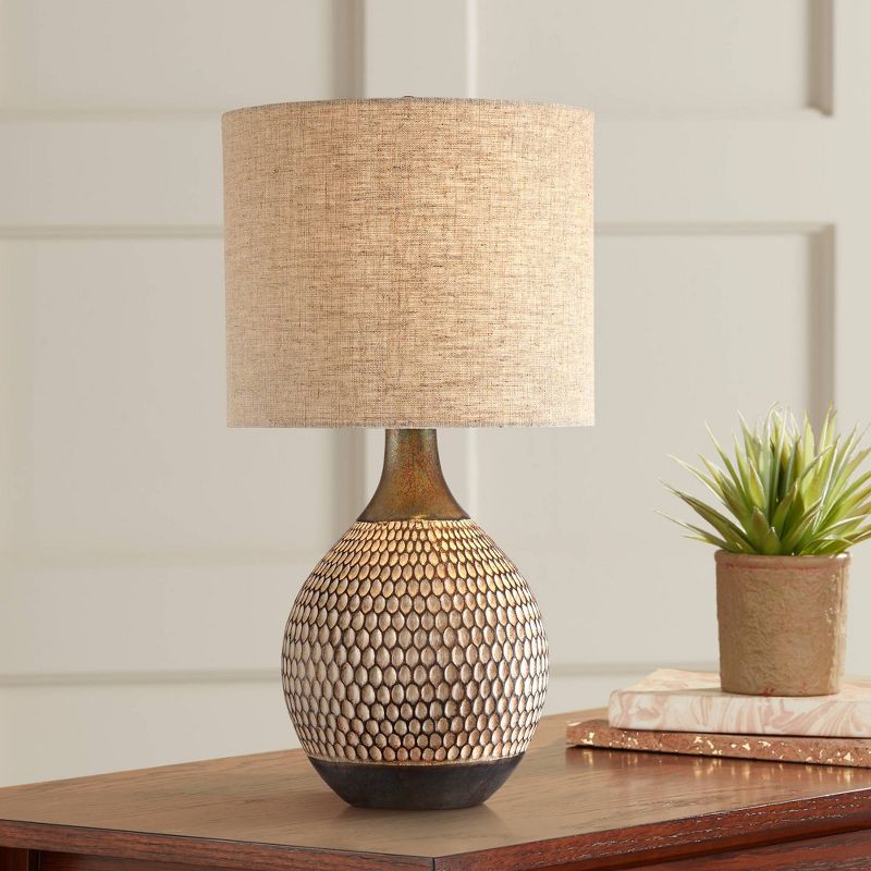 360 Lighting Emma Modern Mid Century Accent Table Lamp 21" High Wood Brown Ceramic Oatmeal Drum Shade for Bedroom Living Room Bedside Nightstand Home, 2 of 10