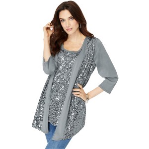 Roaman's Women's Plus Size Sequin-Panelled Tank & Cardigan Set - 1 of 4