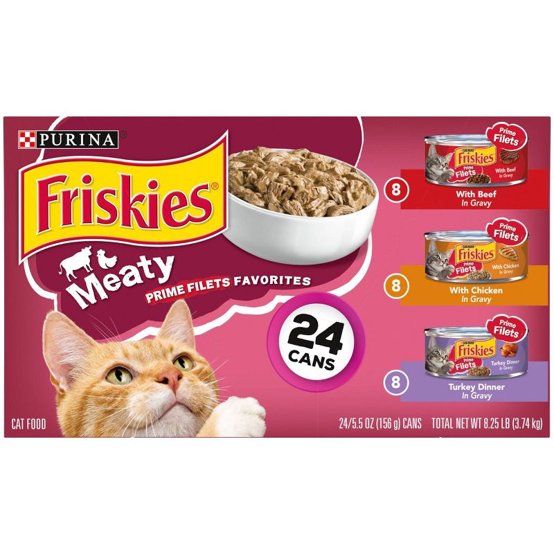 Purina Friskies Meaty Prime Filets Favorites with Chicken, Beef and Turkey Flavor Wet Cat Food - 5.5oz/24ct Variety Pack, 3 of 10