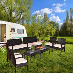 Costway 8PCS Patio Rattan Conversation Furniture Set Cushioned Seat Glass Table - 1 of 4