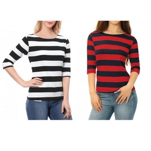 Allegra K Women's Casual Basic Elbow Sleeves Boat Neck Slim Fit T-Shirts 2 Packs - 1 of 4