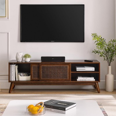 Acekool 59 Inch Rattan TV Stand for TVs Up to 65 Inch, Media Console with Storage Doors and Shelves, Natural Finish, Modern Boho Style