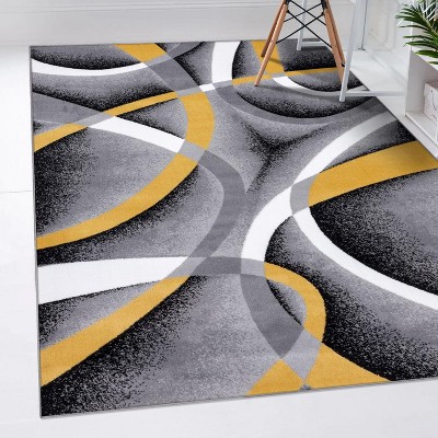 Yellow and Gray Abstract High Pile Polypropylene Area Rug