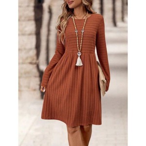 Coolmee Women Casual Crewneck Stripe Long Sleeve Slim Fit A Line Mini Dress - 1 of 4