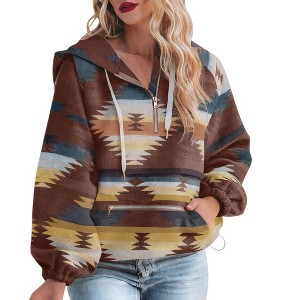Imily Bela Womens Casual Aztec  Half Zip Up Hoodie Oversized Long Sleeve Ethnic Hooded Pullover - 1 of 2