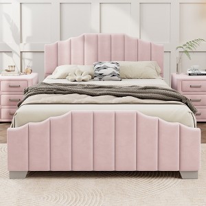Queen Size Velvet Upholstered Platform Bed with Tufted Headboard and Footboard - 1 of 4