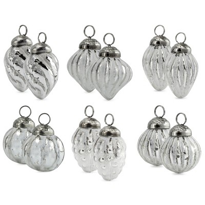 AuldHome Design Small Glass Finial Ornaments, 12pc Set; Antiqued Retro Mercury Glass Christmas Tree Decorations