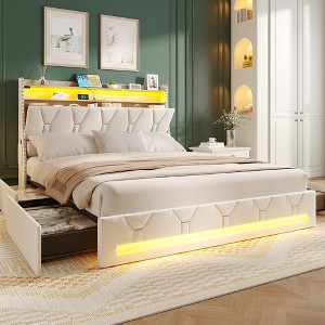 Upholstered Platform Bed Frame with Headboard, 4 Dustproof Storage Drawers & LED Lights - 1 of 4