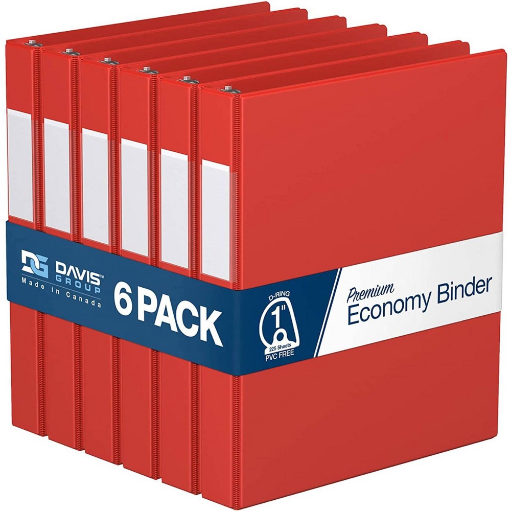 Davis Group 6pk 1" Premium Economy Angled D-Ring Binder Red: Hard Cover, 225 Sheet Capacity, 2 Pockets, Polypropylene