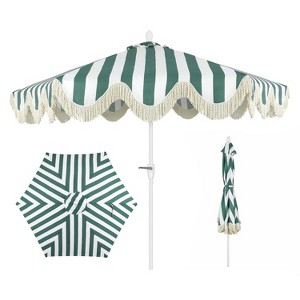 JONATHAN Y Collins 9 ft. Classic Cottage Tassel Market Patio Umbrella with Auto-Tilt, Crank, Wind Vent and UV Protection - 1 of 4