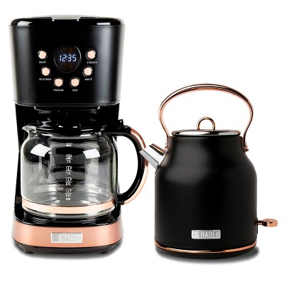 Haden Heritage 1.7 Liter Stainless Steel Electric Kettle Bundled with 12 Cup Drip Coffee Maker, Coffee Machine with Auto Shut-Off, Black & Copper