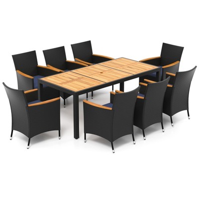 Tangkula Set of 9 Patio Dining Set Outdoor Furniture Set w/ Acacia Wood Tabletop & Umbrella Hole & Seat Cushions