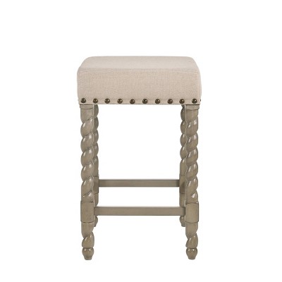 Weathered Gray 24" Rustic Farmhouse Metal & Wood Barstool with Leather Linen Seat
