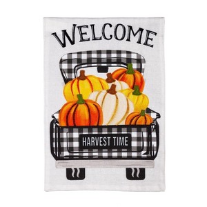 Evergreen Pumpkin Plaid Truck House Burlap Flag - 1 of 3